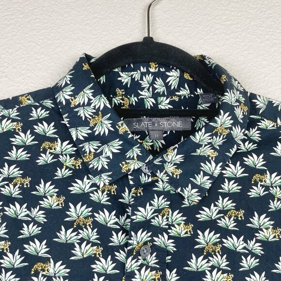 Slate & Stone Men's Medium Short Sleeve Button Down Shirt Top Tiger Agave Black - Picture 4 of 14